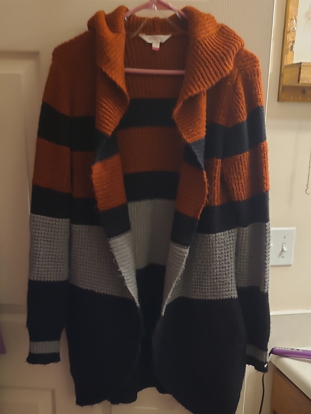 No Boundaries Rust, Black & Gray Striped Open-Front Cardigan, Hooded
